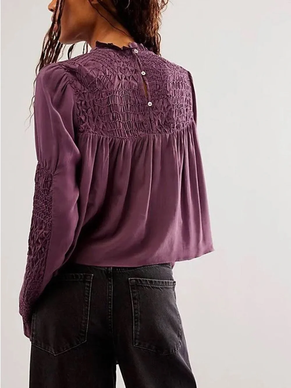 Free People Plum Lace-Yoke Long Sleeve Blouse